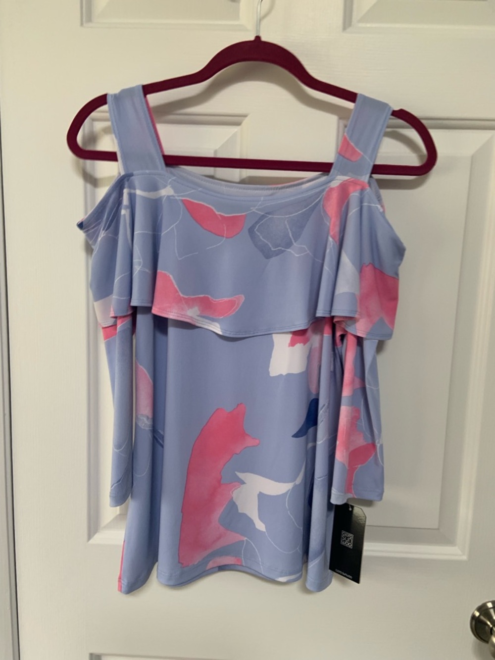 Clara Sun Woo Lavender Cold-Shoulder Floral Blouse with Pink Accents